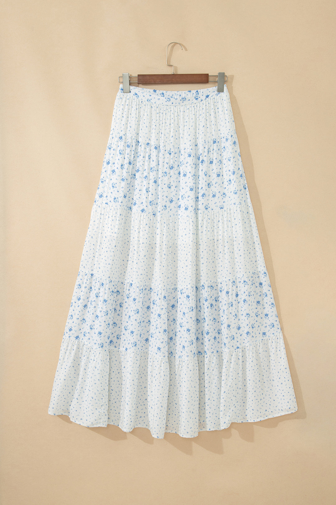 Chic Sky Blue High Waist Tiny Floral Print Boho Maxi Skirt