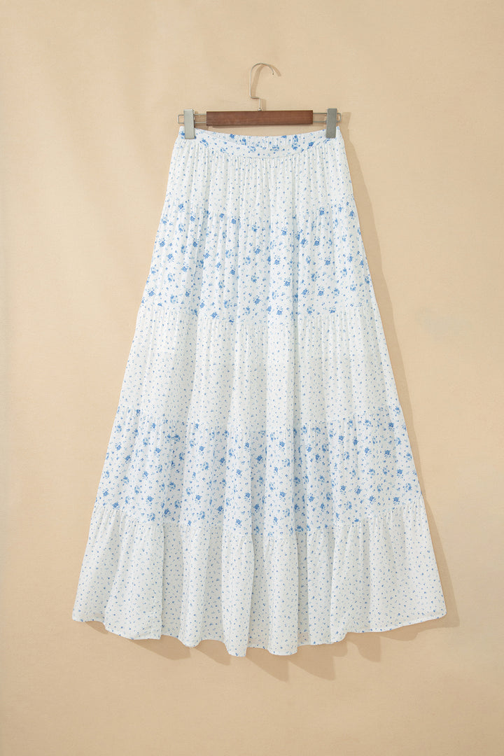 Chic Sky Blue High Waist Tiny Floral Print Boho Maxi Skirt