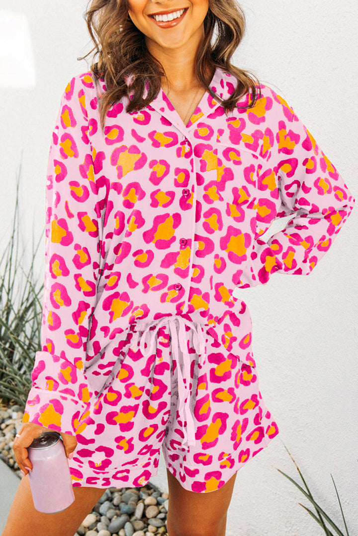 leopard print long sleeve shirt and shorts pajama set