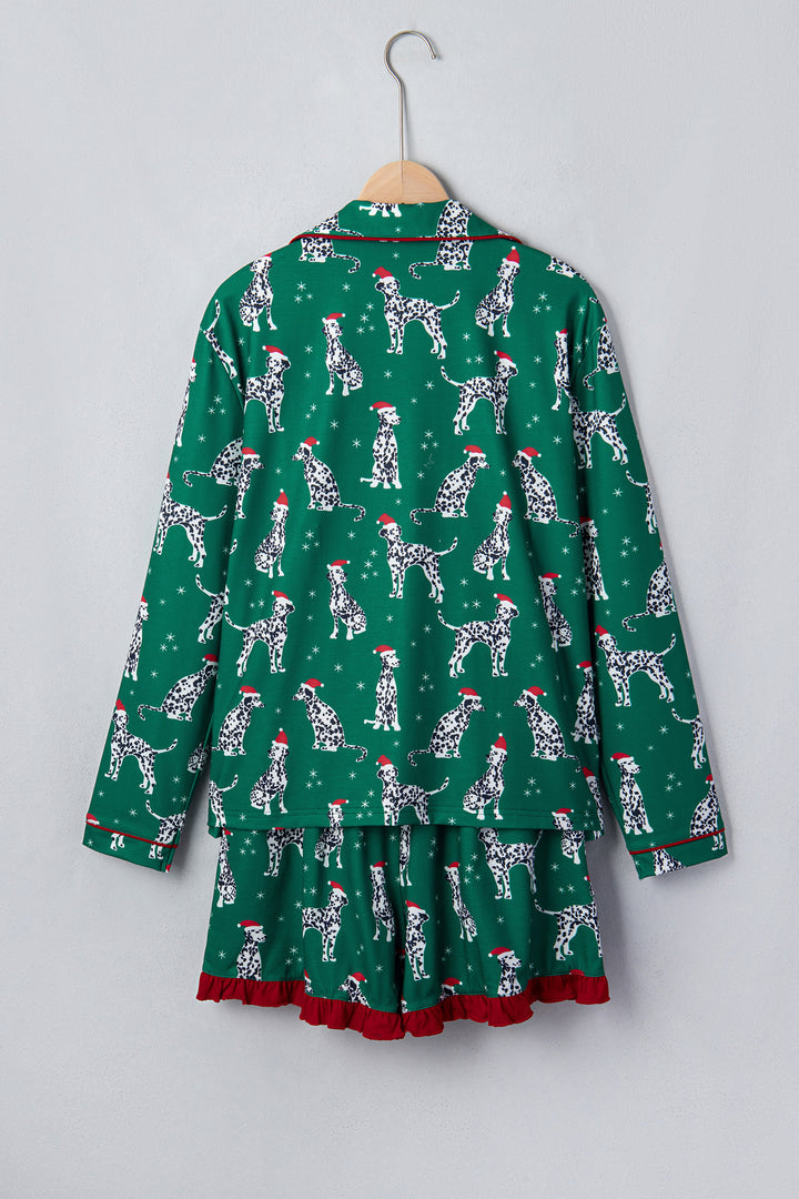 Green Long Sleeve Dog Print Two Piece Shift Lounge Set