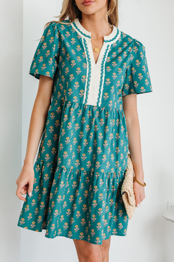 Contrast Trim V Neck Short Sleeve Floral Dress