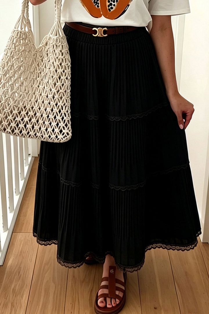 Black Solid Color Pleated Lace Trim Tiered Long Skirt