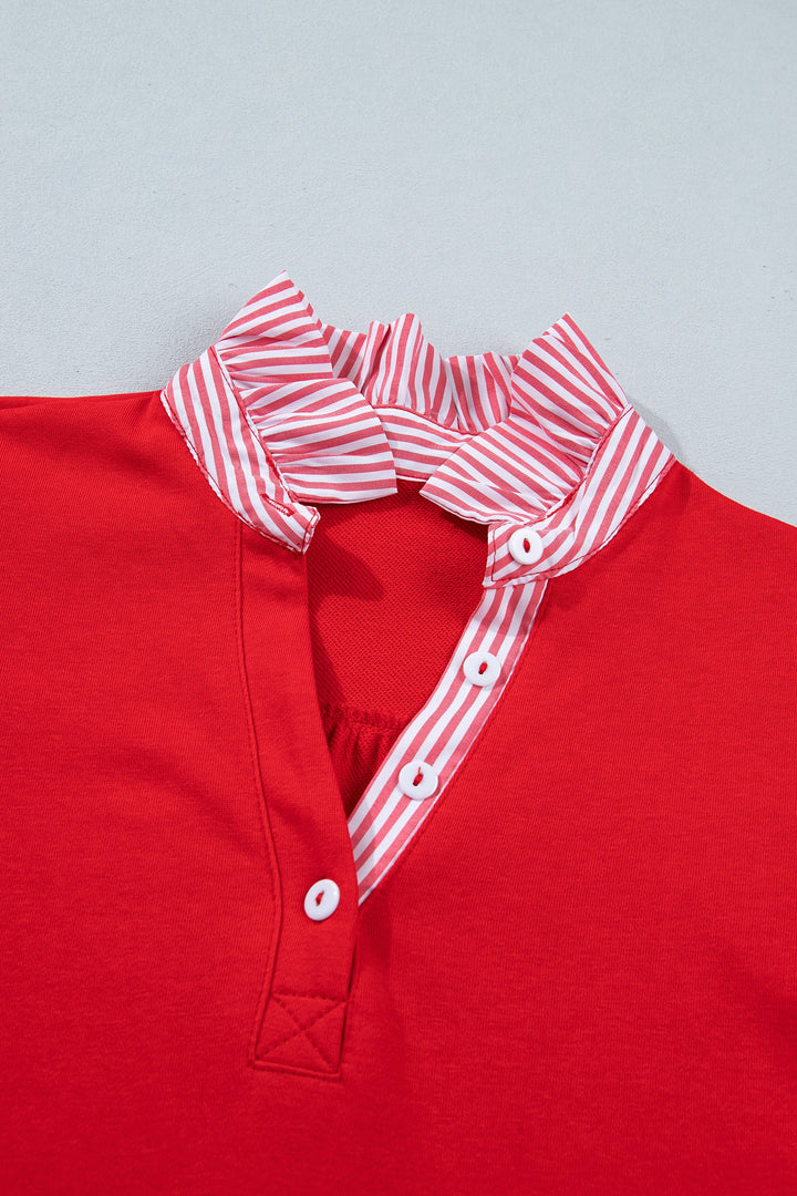 Fiery Red Striped Frilled Collar Short Sleeve Blouse