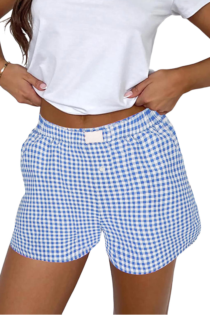 Blue Gingham Printed High Waist Shorts