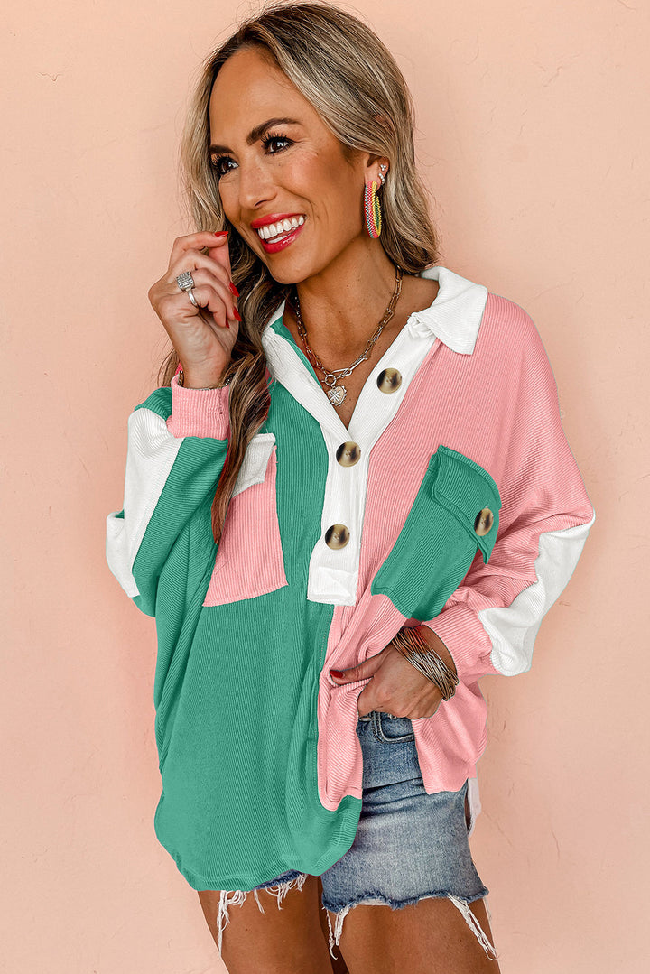Colorblock Ribbed Collared Oversized Sweatshirt