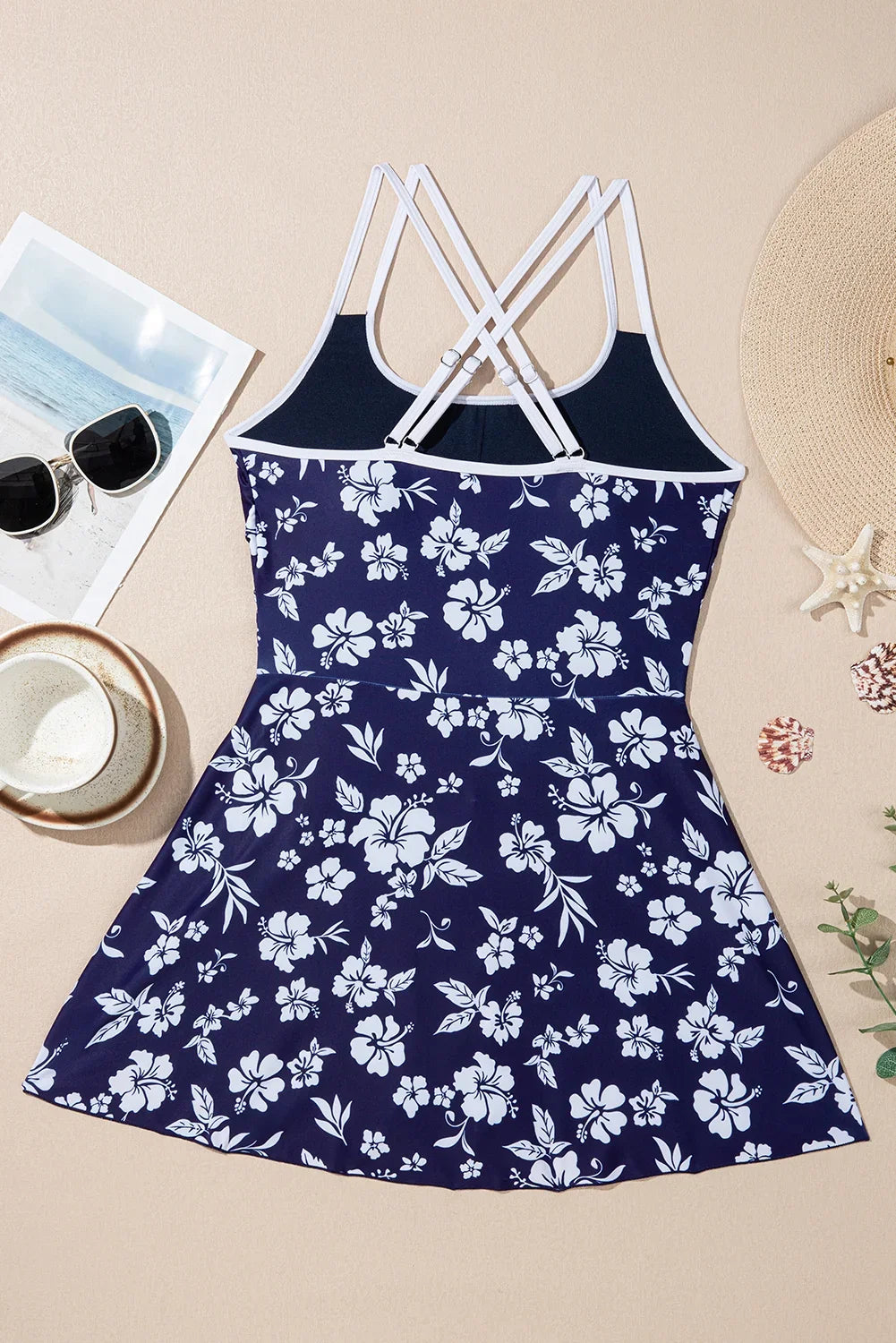Blue Crossed Back Floral Print Asymmetric Knot Side One Piece Swimsuit