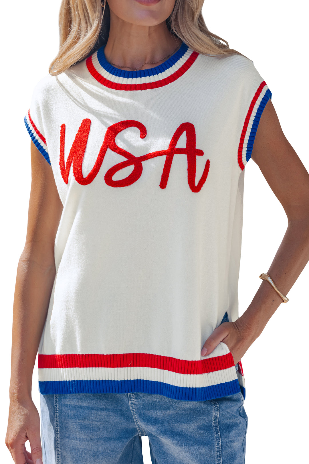 White USA Contrast Striped Trim Round Neck Short Sleeve Sweater