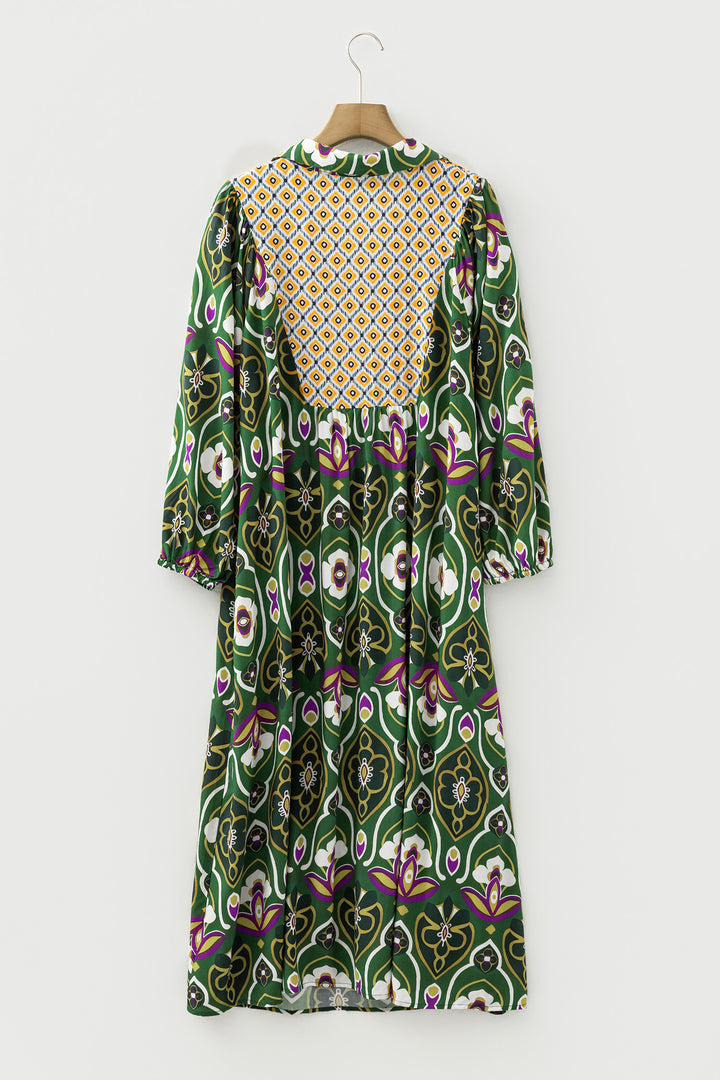 Green Plus Size Mixed Floral Patchwork V Neck Bracelet Sleeve Maxi Dress