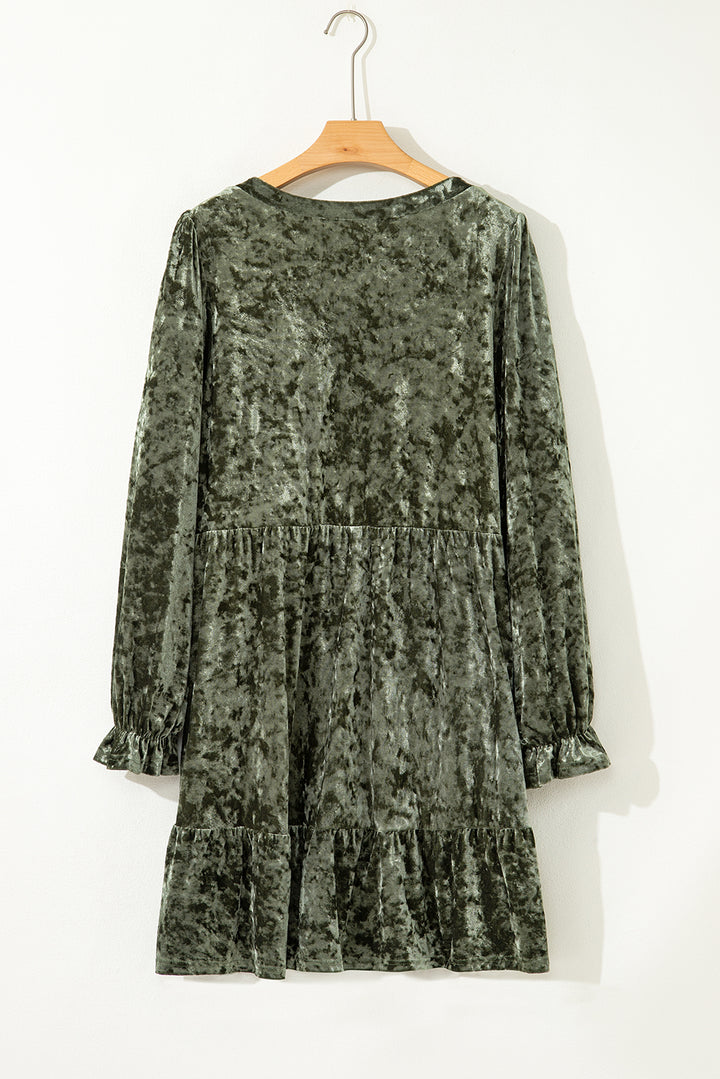 Jungle Green Plus Size Velvet Babydoll Mini Dress with Puff Sleeve