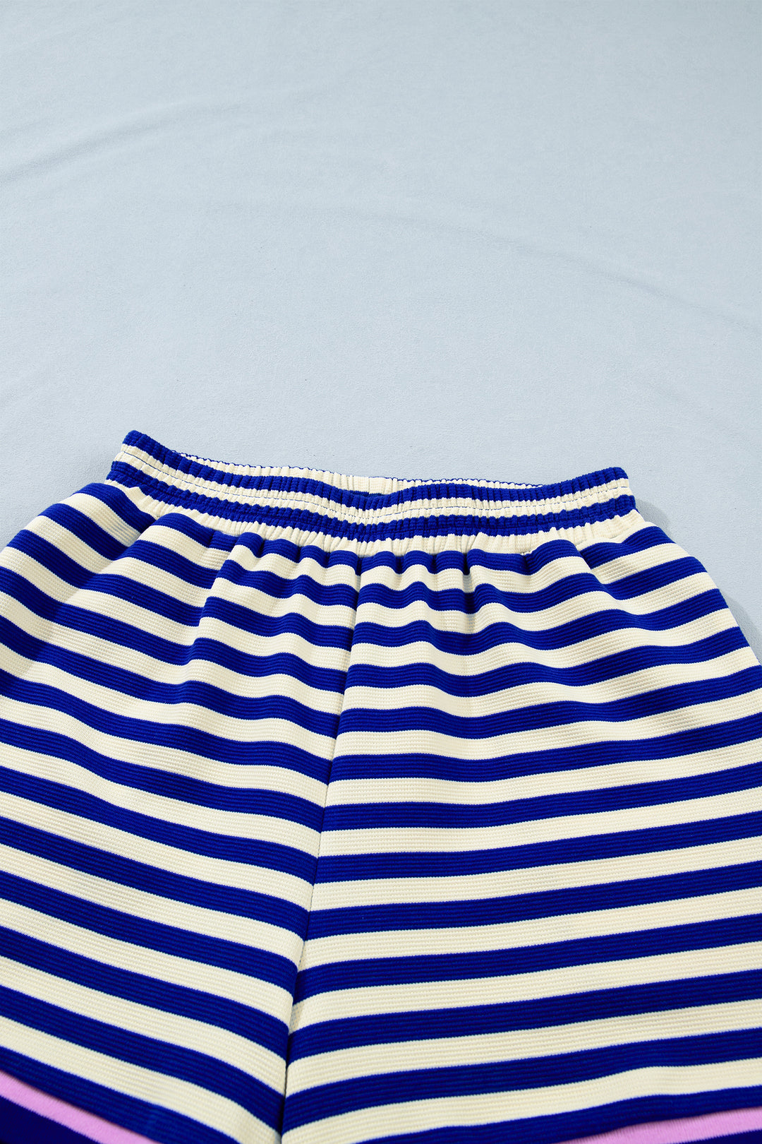 Blue Stripe Contrast Trim Cap Sleeve Top Casual Shorts 2pcs Set