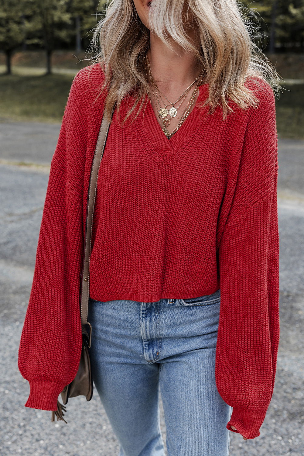 Solid Textured Knit V Neck Drop Shoulder Sweater