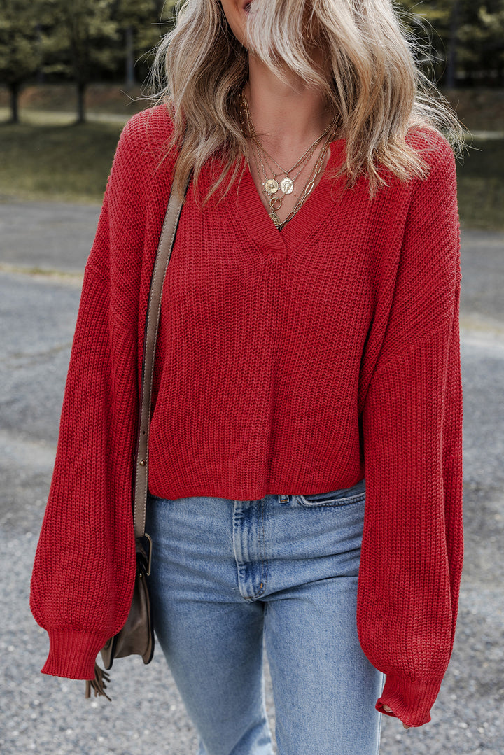 Solid Textured Knit V Neck Drop Shoulder Sweater