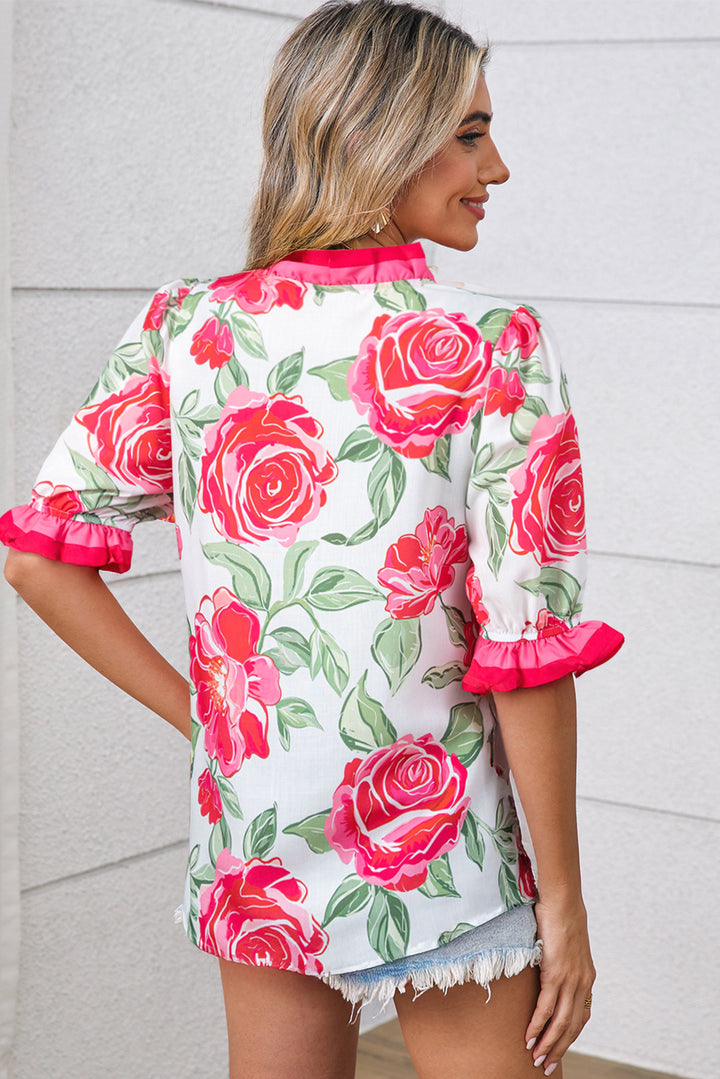 Floral Frilled V Neck Short Sleeve Blouse Top