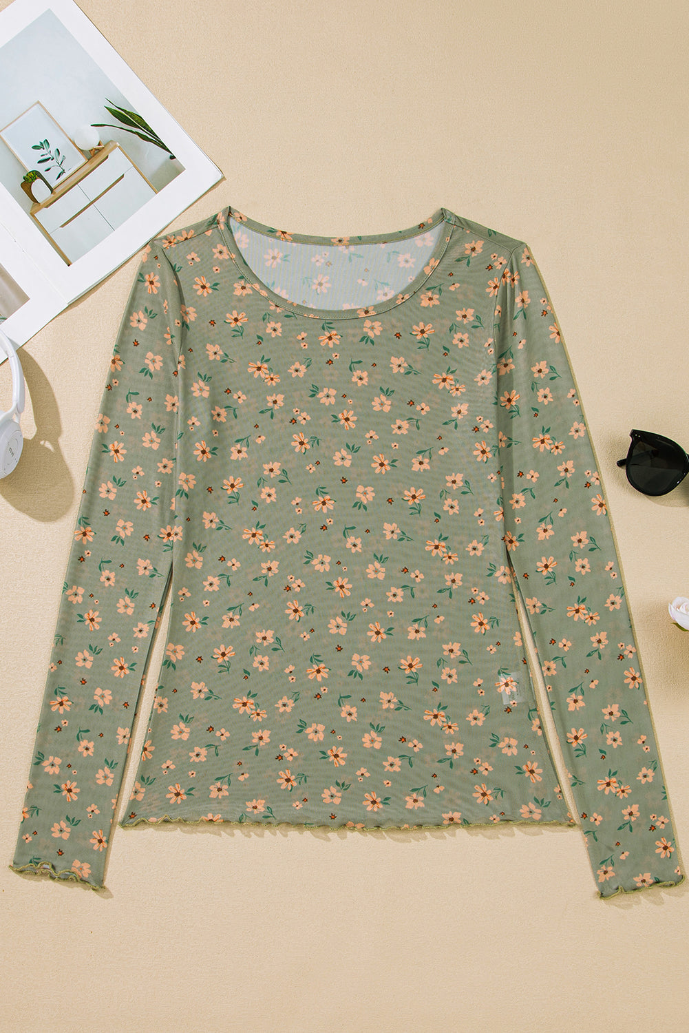 Vintage Floral Print Southern Style Mesh Long Sleeve Top