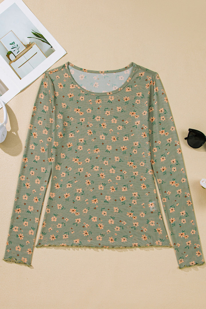 Vintage Floral Print Southern Style Mesh Long Sleeve Top