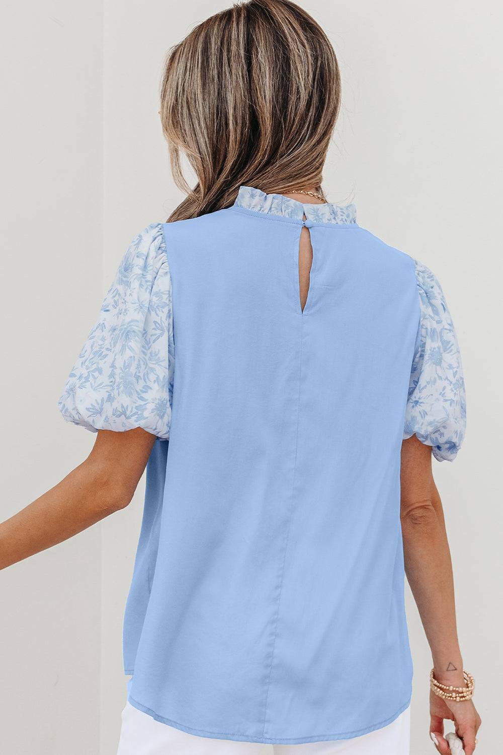lace insert floral puff sleeve patchwork loose blouse