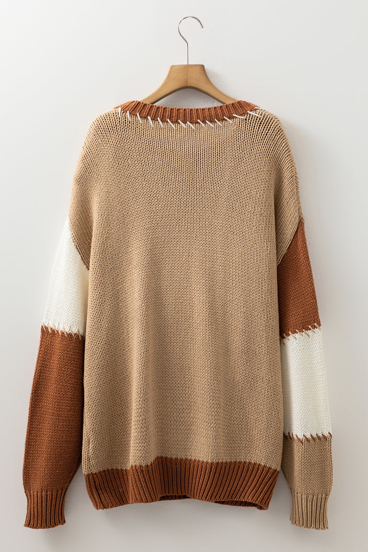 Light French Beige Contrast Stitch Detail Color Block Knitted Plus Size Sweater