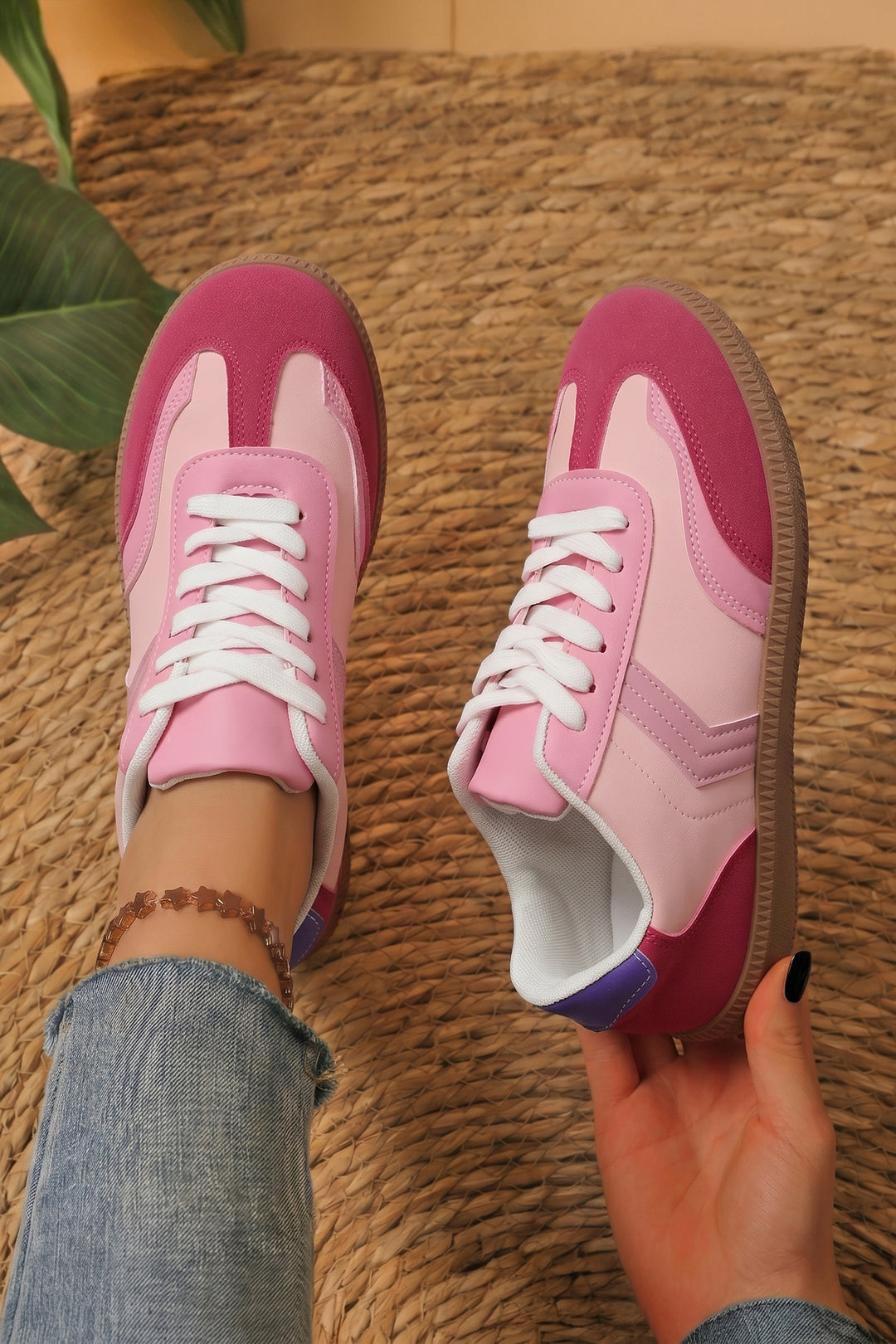 Pink Color Block PU Leather Lace-Up Rubber Sole Flat Shoes