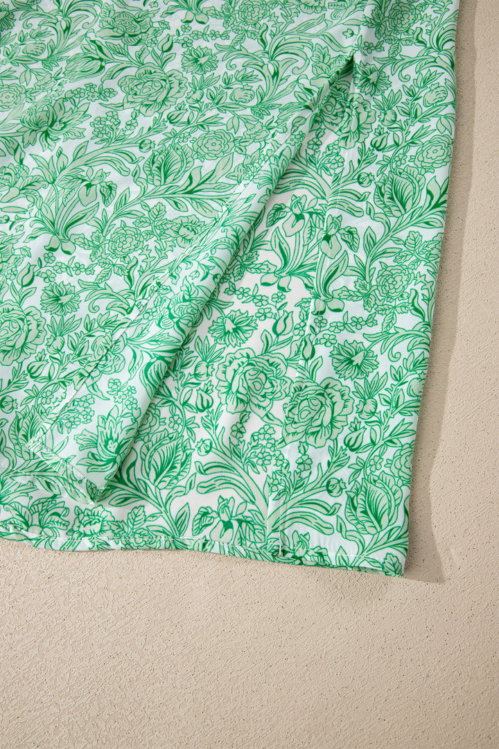 Green Floral Print Color Block Patchwork V Neck Short Sleeve Midi Dress