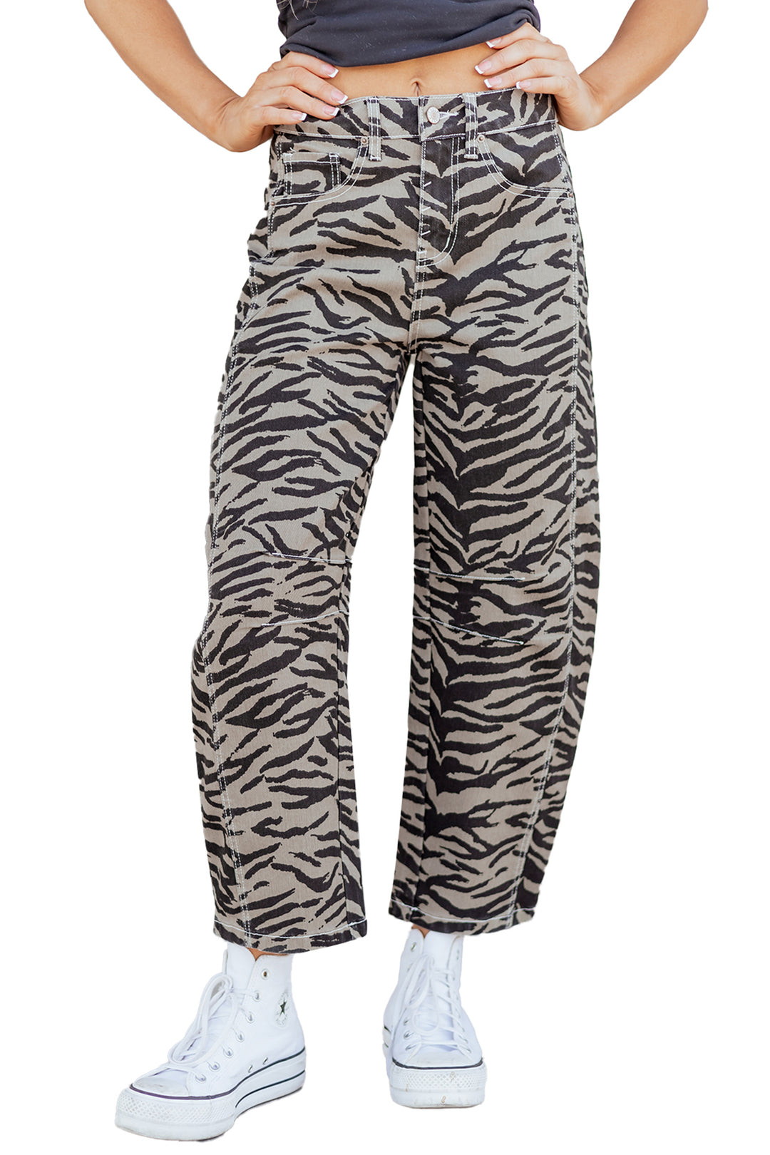 Gray Zebra Stripe Printed Wide Leg Barrel Jeans