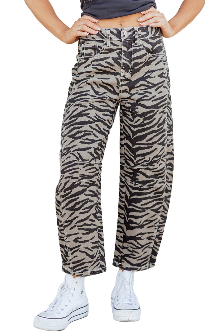 Gray Zebra Stripe Printed Wide Leg Barrel Jeans