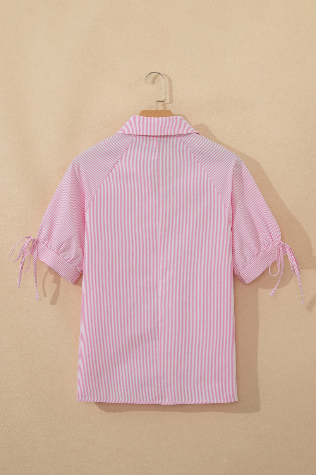 Pink Striped Print Collared Split Neck Half Sleeve Blouse