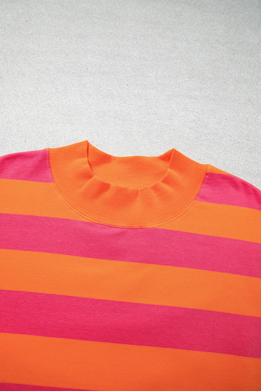 Orange Stripe Ribbed Trim Stand Neck Dropped Shoulder Plus Size Sweatshirt