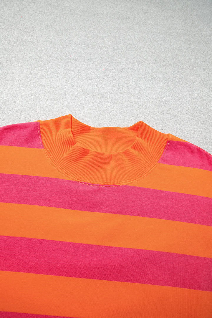 Orange Stripe Ribbed Trim Stand Neck Dropped Shoulder Plus Size Sweatshirt