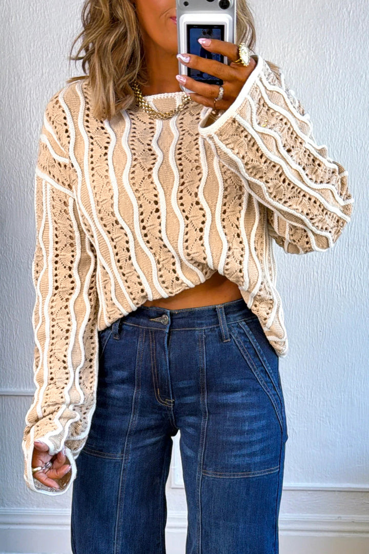 Khaki Wavy Detail Hollow Out Knit Cotton Pullover Sweater