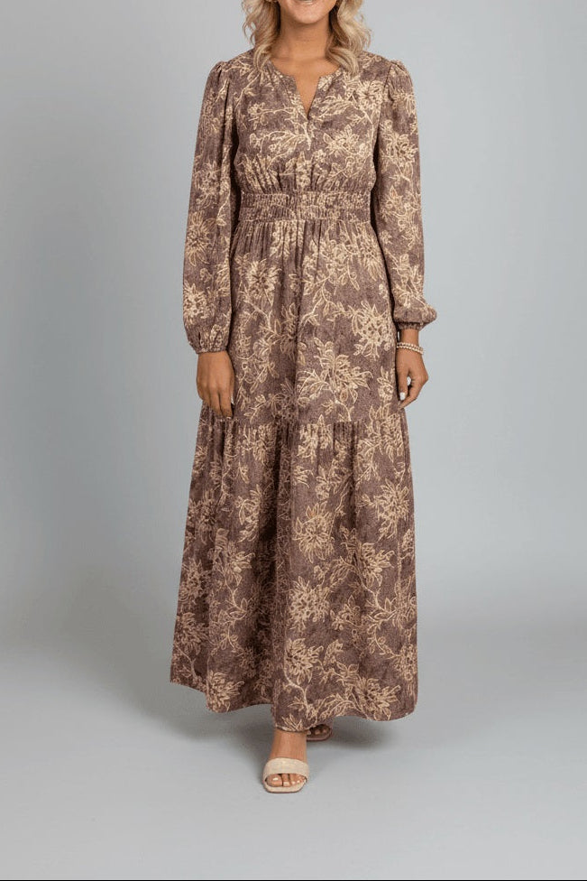 Brown Floral Print Smocked High Waist Long Sleeve Maxi Dress