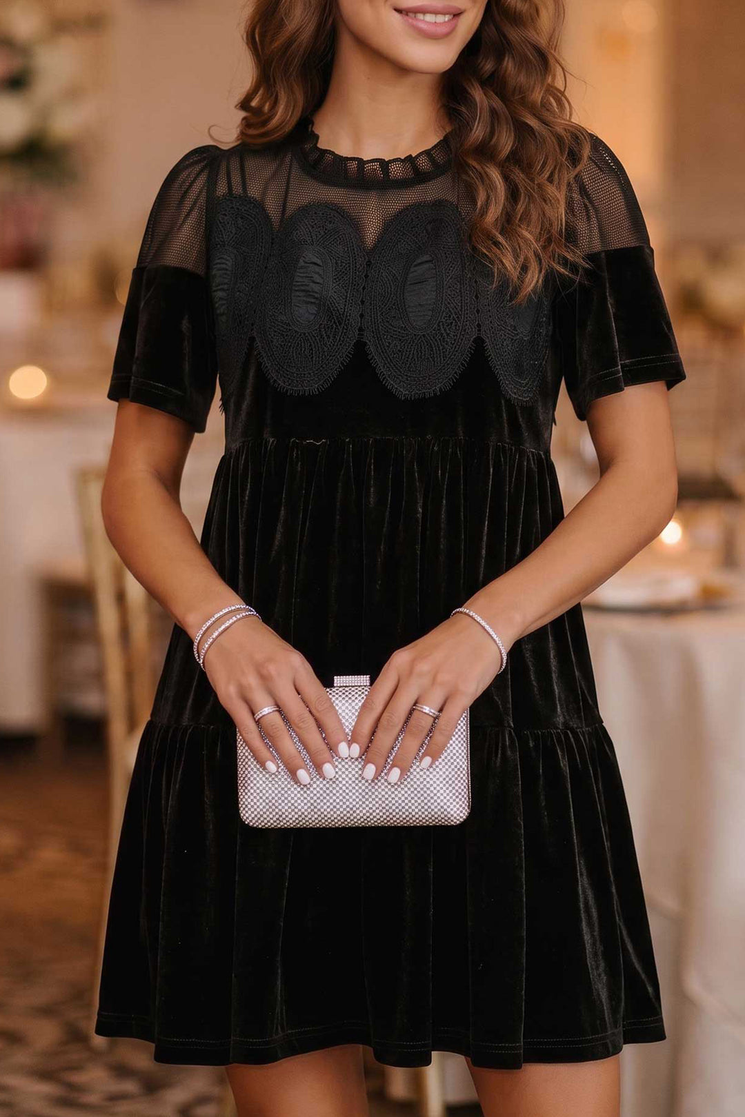 Black Embroidered Velvet Short Sleeve Mini Shift Dress – ModeShe