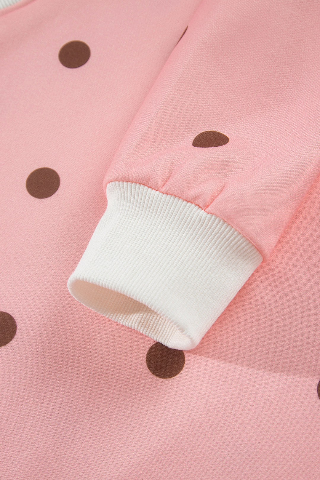 Pink Polka Dot Ribbed Trim Long Sleeve Top Casual Short Set
