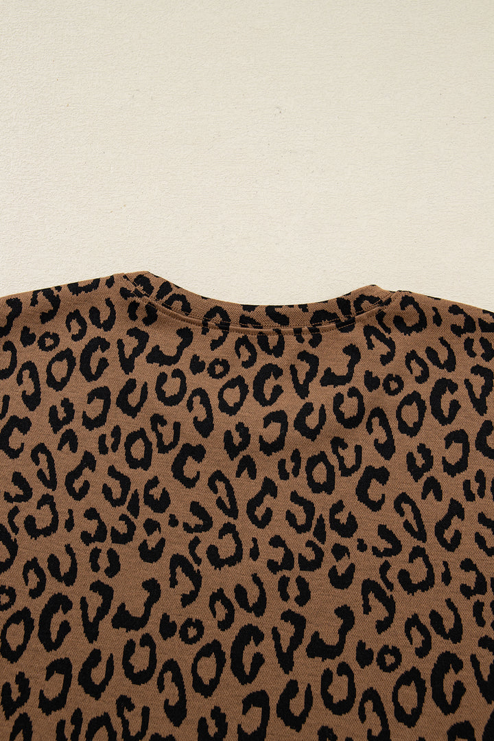 Brown Varsity Striped Trim Leopard Long Sleeve Top Drawstring Pant Set