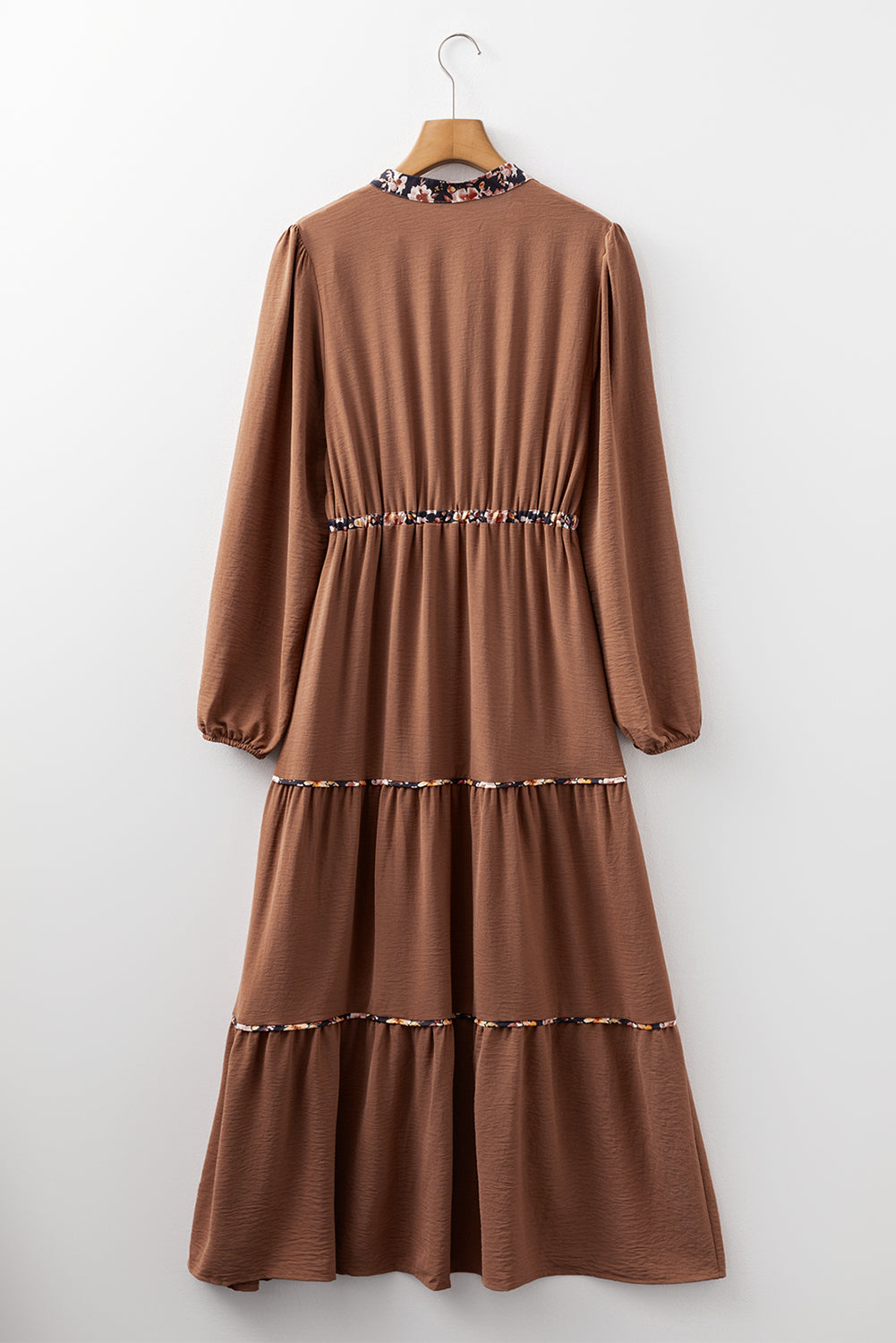 Floral Patchwork Detail Notched Neck Long Sleeve Maxi Dress