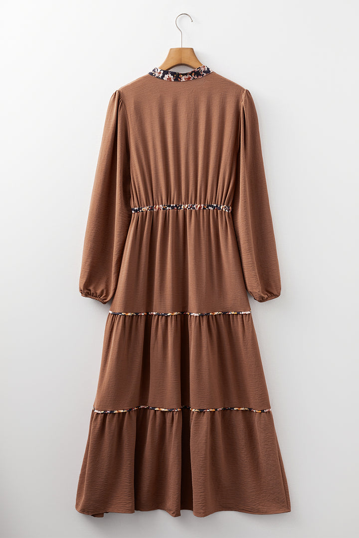 Floral Patchwork Detail Notched Neck Long Sleeve Maxi Dress