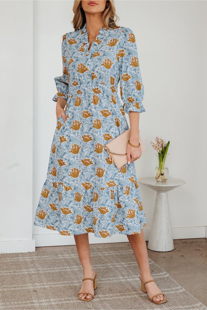 Floral Printed Frilled V Neck Bracelet Sleeve Long Dress