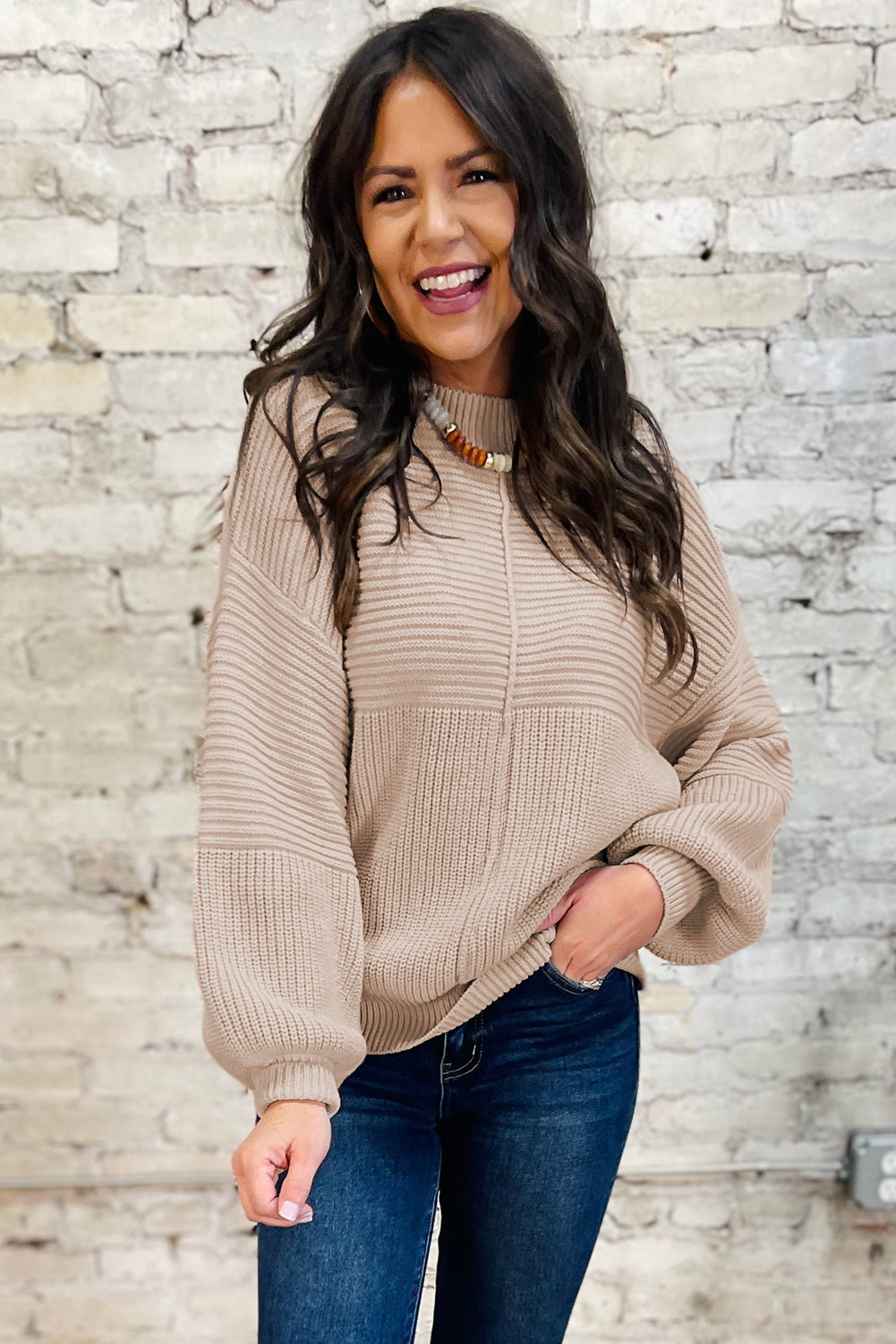 Mixed Texture Patchwork Knitted Puff Sleeve Sweater