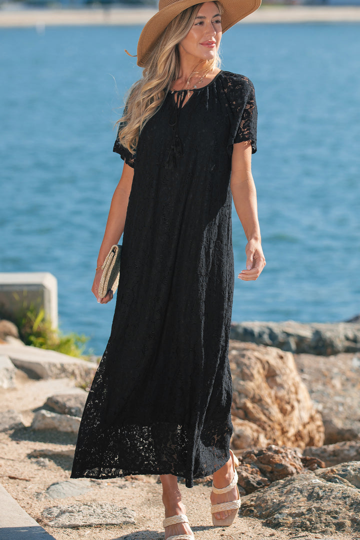 Floral Lace Overlay Tassel Tie Short Sleeve Beach Vacation Loose Maxi Dress