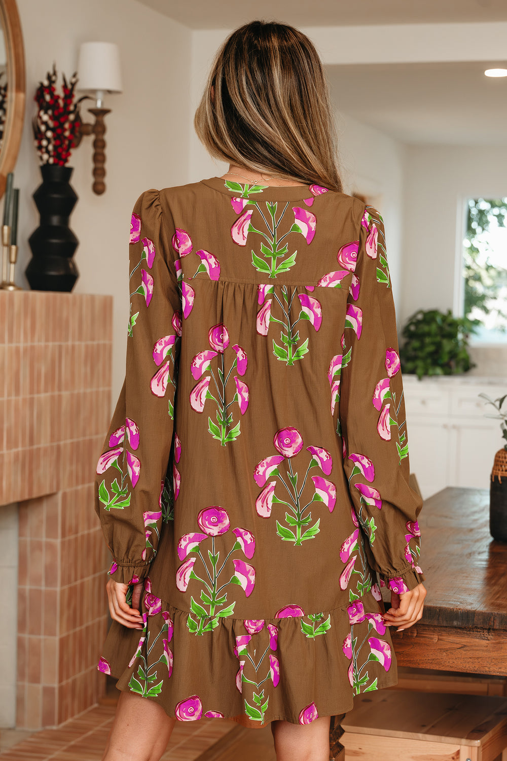 Contrast Floral Print Babydoll Tunic Ruffled Hem Puff Sleeve Dress