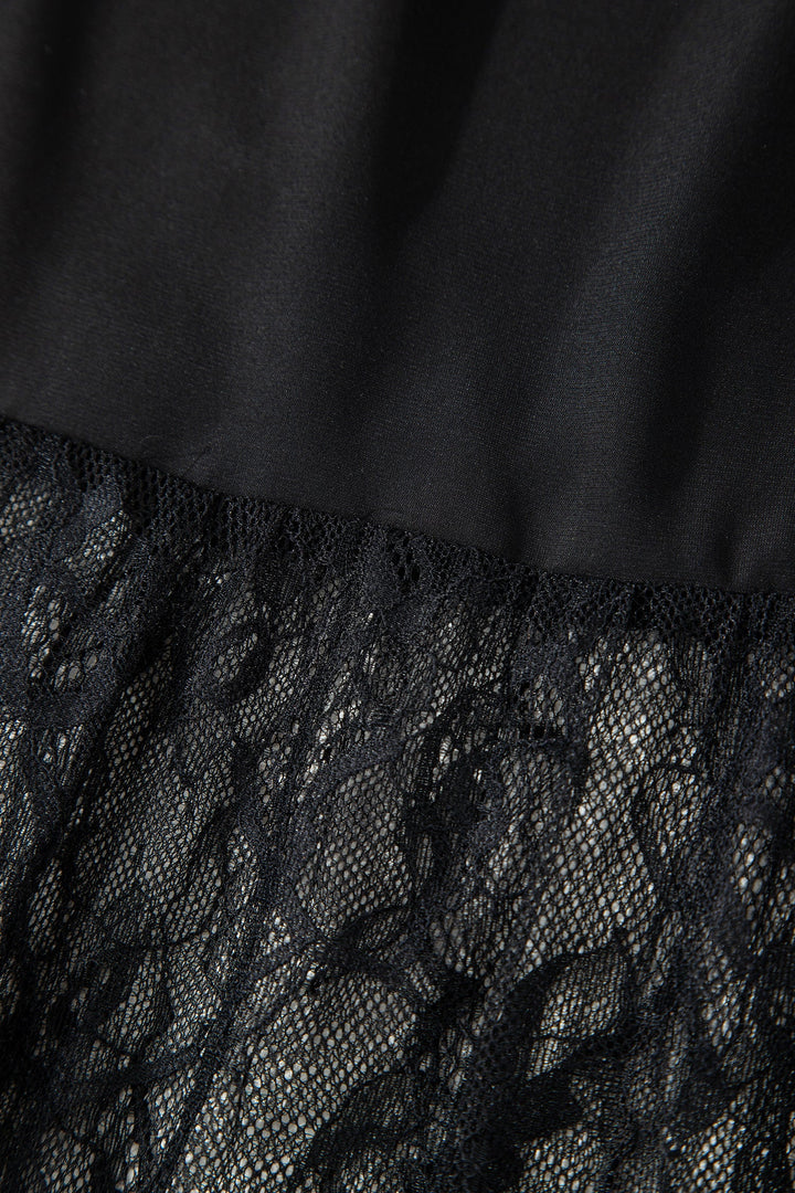 Black Solid Color Sleeveless Sheer Floral Lace Patchwork Long Dress