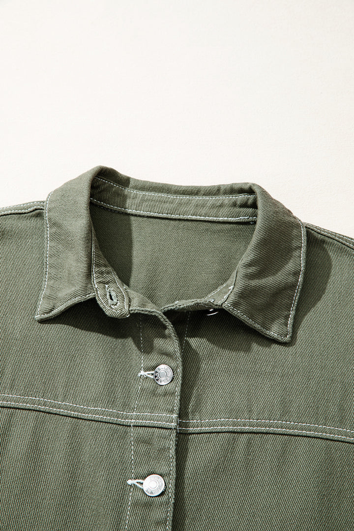 Patched Pocket Collared Button Front Boyfriend Denim Jacket