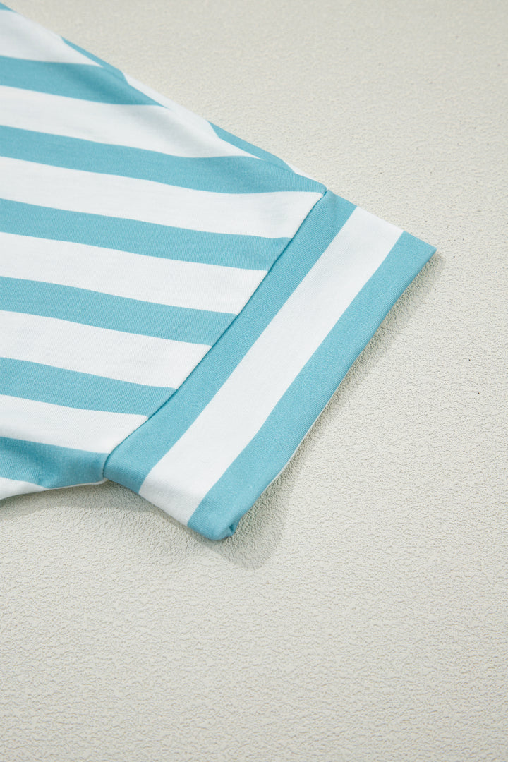Sky Blue Stripe V Neck Patched Pocket Casual T Shirt