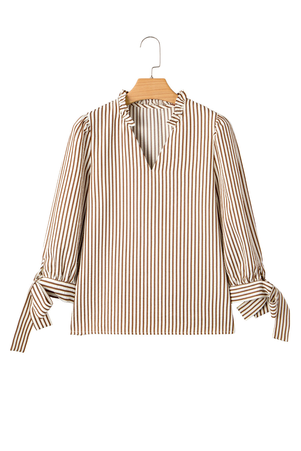Striped Print Tied Cuffs Split Neck Seersucker Blouse
