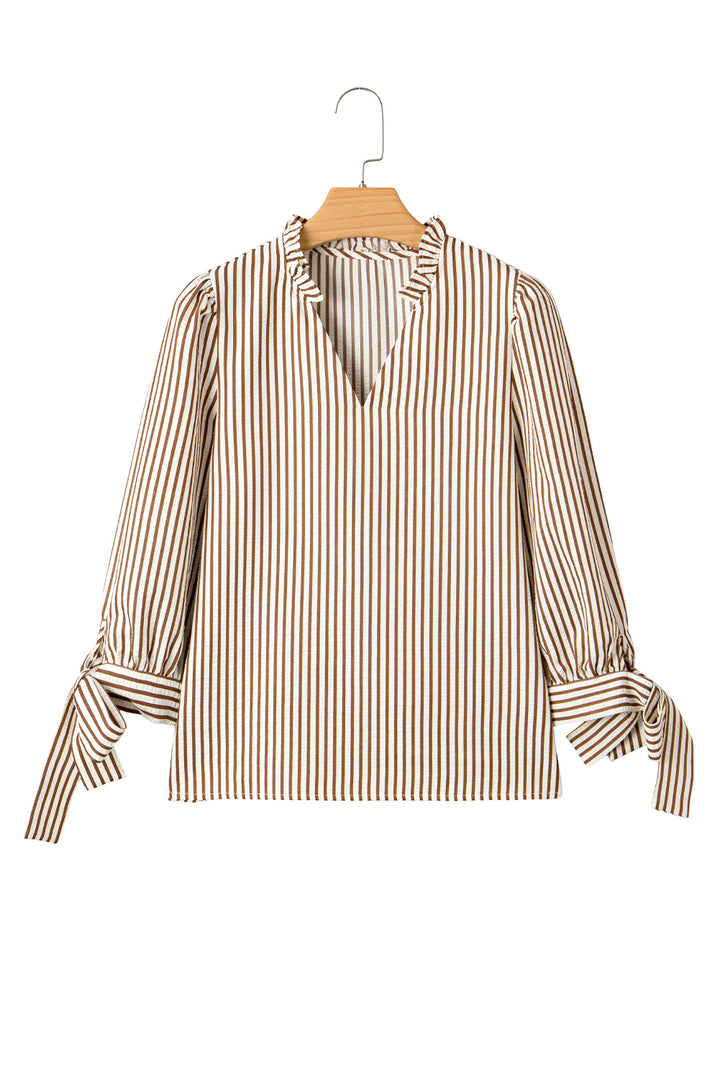 Striped Print Tied Cuffs Split Neck Seersucker Blouse