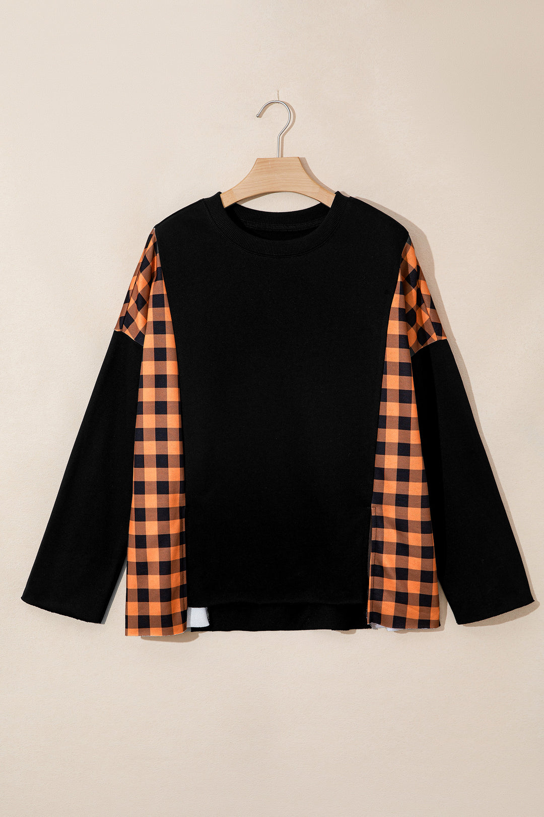 Black Patchwork Plaid Pumpkin Face Long Sleeve Top