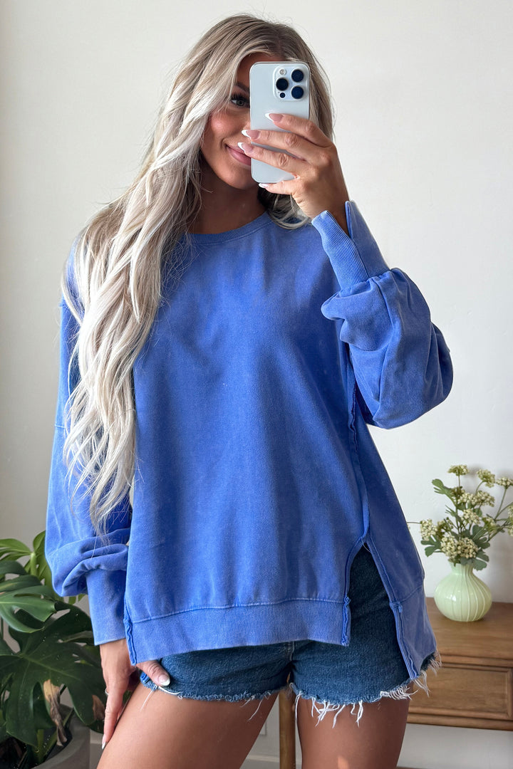 Sky Blue Mineral Wash Split Hem Loose Tunic Sweatshirt