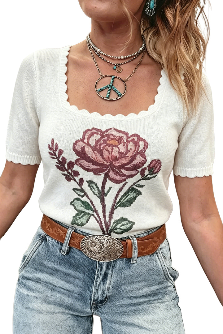 Chic White Western Floral Print Short Sleeve Square Collar Knit Sweater