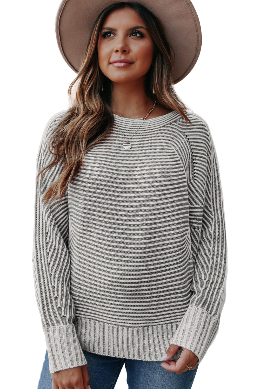 Striped Print Ribbed Knit Boat Neck Baggy Sweater