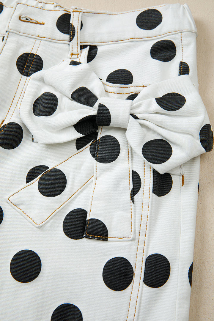 White Polka Dot Print Bow Detail Pocketed Barrel Jeans