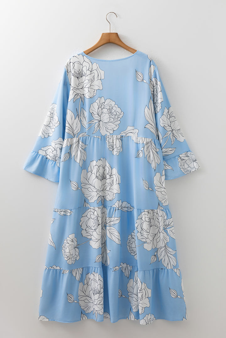 Sky Blue Floral Bracelet Sleeve Plus Size Tiered Maxi Dress